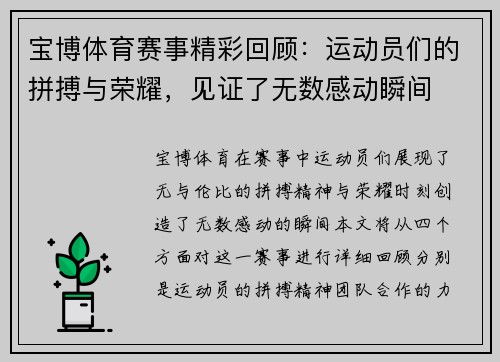 宝博体育赛事精彩回顾：运动员们的拼搏与荣耀，见证了无数感动瞬间