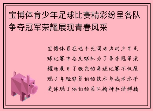 宝博体育少年足球比赛精彩纷呈各队争夺冠军荣耀展现青春风采