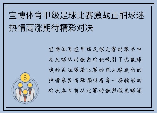 宝博体育甲级足球比赛激战正酣球迷热情高涨期待精彩对决
