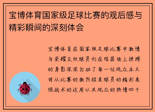 宝博体育国家级足球比赛的观后感与精彩瞬间的深刻体会